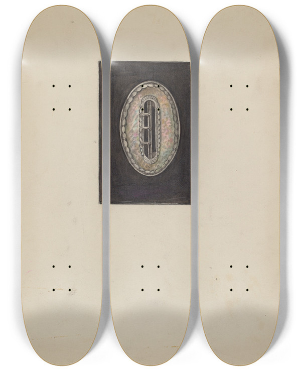 Triptych art skateboard deck of Bertha Semple Dress Buckle by Bertha Semple
