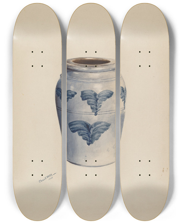 Triptych art skateboard deck of Charles Moss Gray Stoneware Crock by Charles Moss