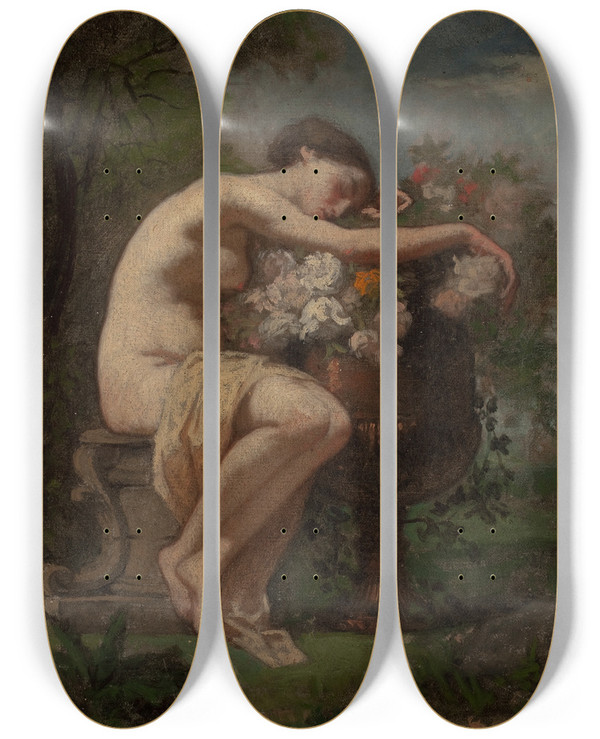 Triptych art skateboard deck of August Jernberg Nymph Next To A Flower Urnstudy by August Jernberg (1826-1896)