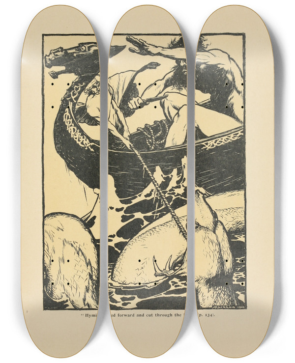Triptych art skateboard deck of Arthur Rackham Hymir Rushed Forward And Cut Through The Line by Arthur Rackham (1867-1939)