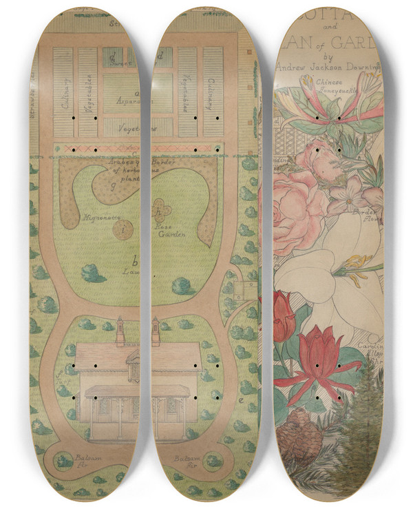 Triptych art skateboard deck of Virginia Richards Ground Plan For Cottage by Virginia Richards
