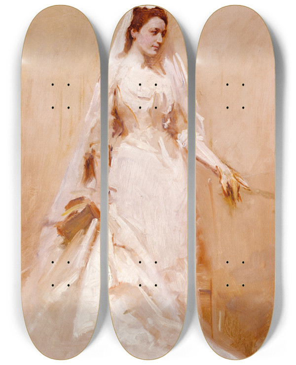 Triptych art skateboard deck of Abbott Handerson Thayer A Bride by Abbott Handerson Thayer (1849-1921)