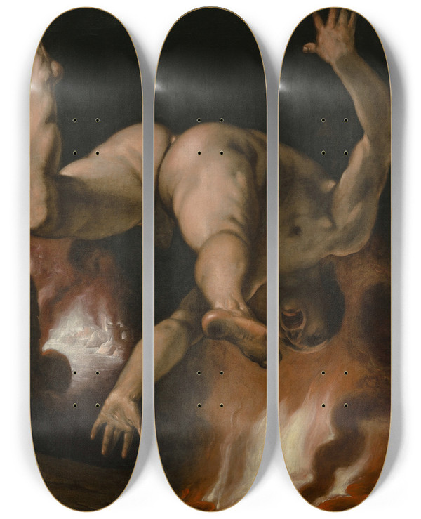 Triptych art skateboard deck of Cornelis Cornelisz Van Haarlem The Fall Of Ixion by Cornelis Cornelisz Van Haarlem (1562-1638)