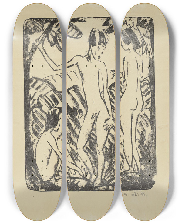 Triptych art skateboard deck of Otto Mueller Stehender Knabe Und Zwei Mdchen I by Otto Mueller (1874-1930)