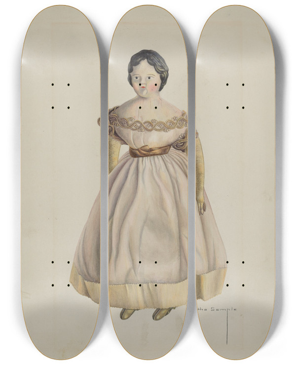 Triptych art skateboard deck of Bertha Semple Mechanical Walking Doll by Bertha Semple