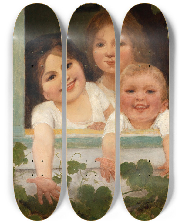 Triptych art skateboard deck of Carl Von Bergen Three Children At The Window by Carl Von Bergen (1853-1933)
