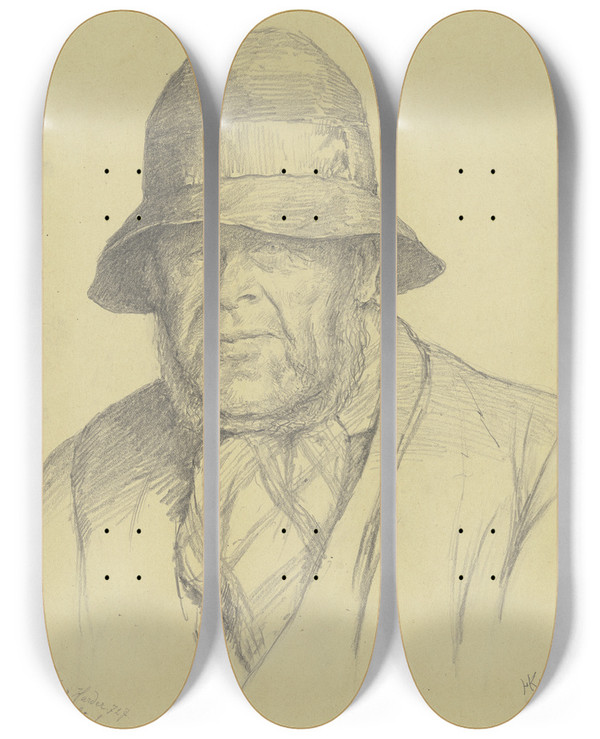 Triptych art skateboard deck of Hermann Kruse Brustbild Eines Ostseefischers by Hermann Kruse