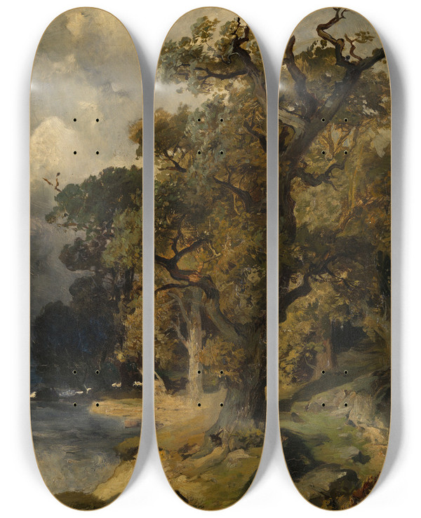 Triptych art skateboard deck of Edmund Kanoldt Herbstlicher Eichwald Am Seeufer by Edmund Kanoldt (1845-1904)