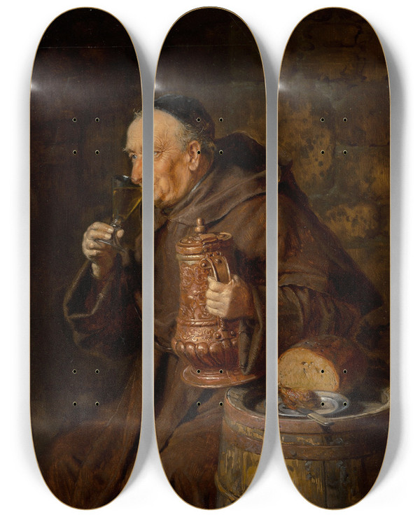 Triptych art skateboard deck of Eduard Von Grtzner Monk Drinking by Eduard Von Grutzner (1848-1925)