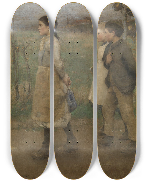 Triptych art skateboard deck of James Guthrie Schoolmates by James Guthrie (1859-1930)