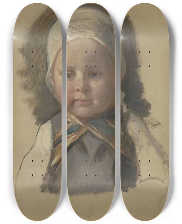 Triptych art skateboard deck of Jakob Becker Kleines Kind Mit Weiem Hubchen_1 by Jakob Becker (1810-1872)