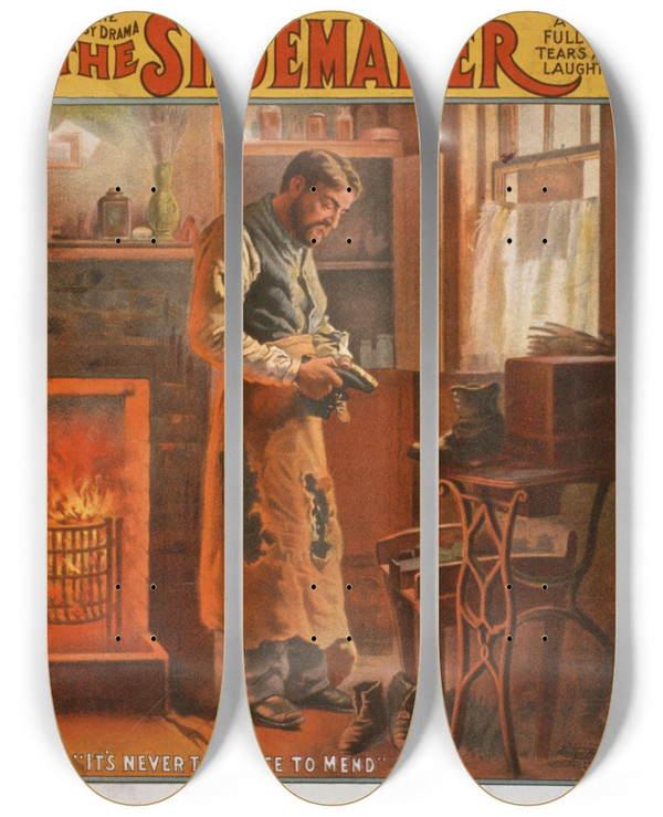 Triptych art skateboard deck of Us Lithograph Co The Shoemaker by U.S. Lithograph Co. (19-20-)