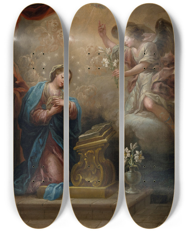 Triptych art skateboard deck of Jernimo Ezquerra The Annunciation by Jeronimo Ezquerra (1660-1733)