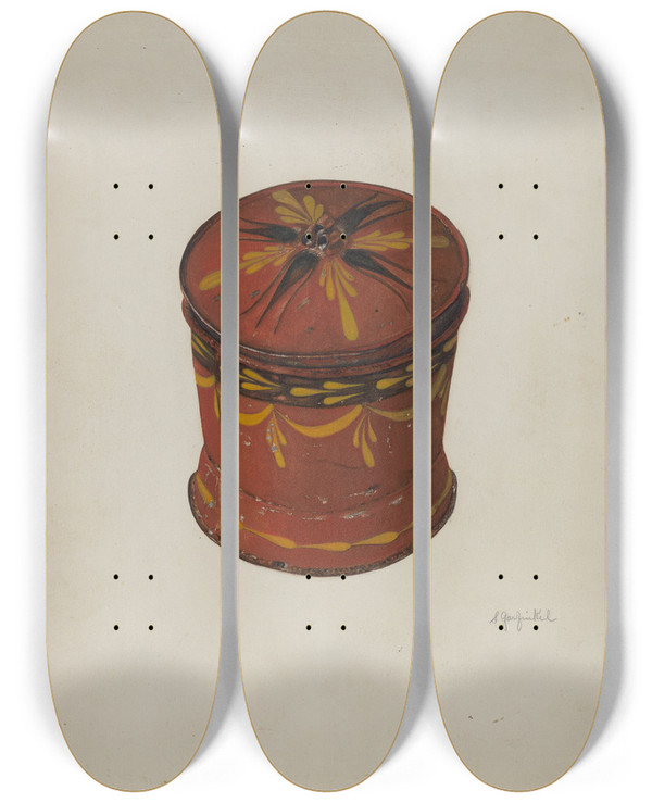 Triptych art skateboard deck of Sara Garfinkel Toleware Sugar Bowl by Sara Garfinkel