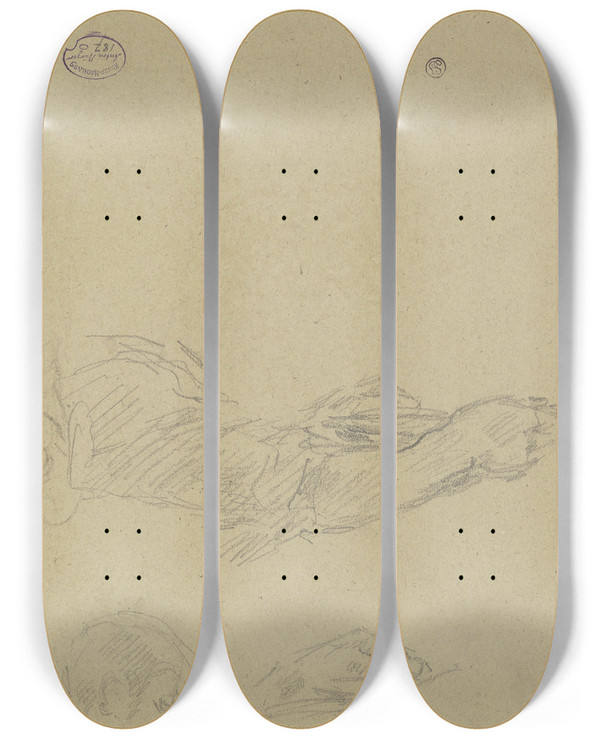 Triptych art skateboard deck of Anton Burger Kopf Rechter Arm Und Hnde Eines Lesenden by Anton Burger (1824-1905)