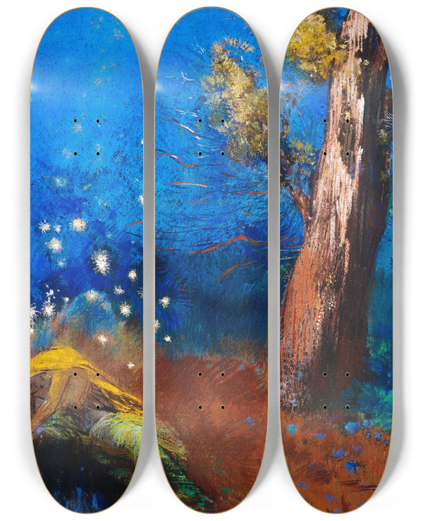 Triptych art skateboard deck of Odilon Redon La Mort De Bouddha by Odilon Redon (1840-1916)