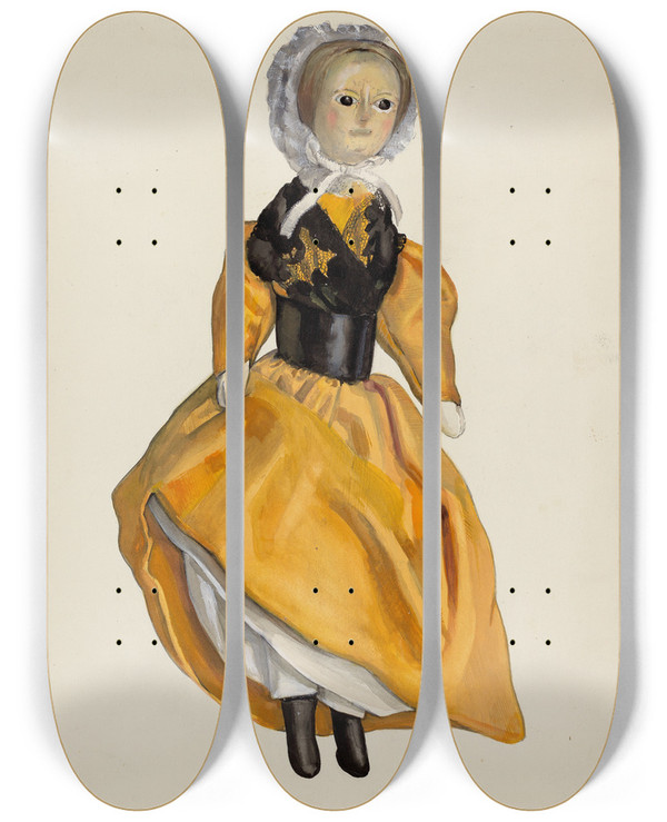Triptych art skateboard deck of Jane Iverson Wooden Jointed Doll by Jane Iverson