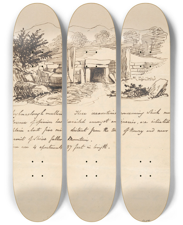 Triptych art skateboard deck of Thomas Crofton Croker Tumulus Near Newry by Thomas Crofton Croker