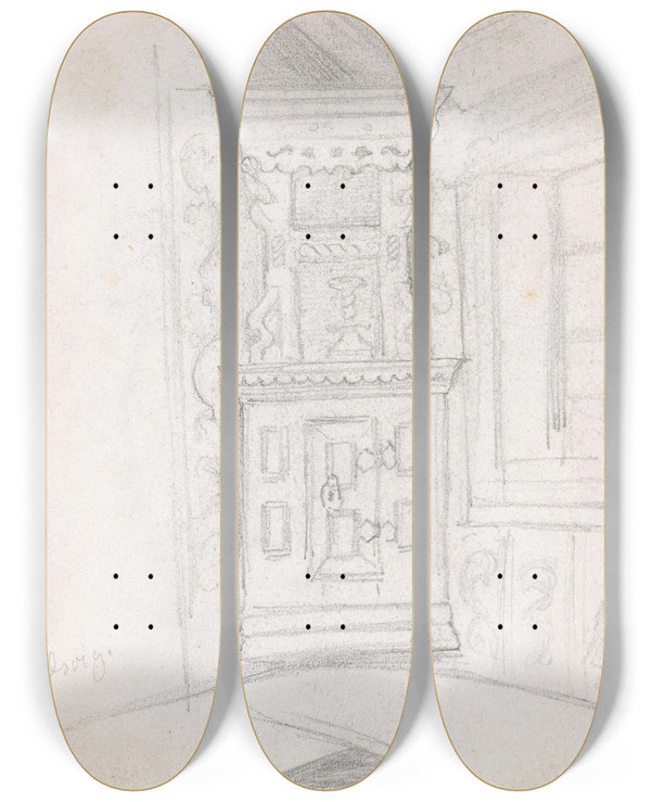 Triptych art skateboard deck of Adolph Tidemand Krskap Gulsvik by Adolph Tidemand (1814-1876)