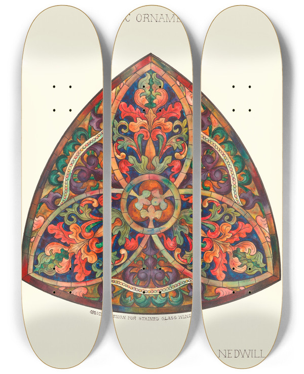 Triptych art skateboard deck of Elizabeth A Nedwill Gothic Ornament by Elizabeth A Nedwill (19-)