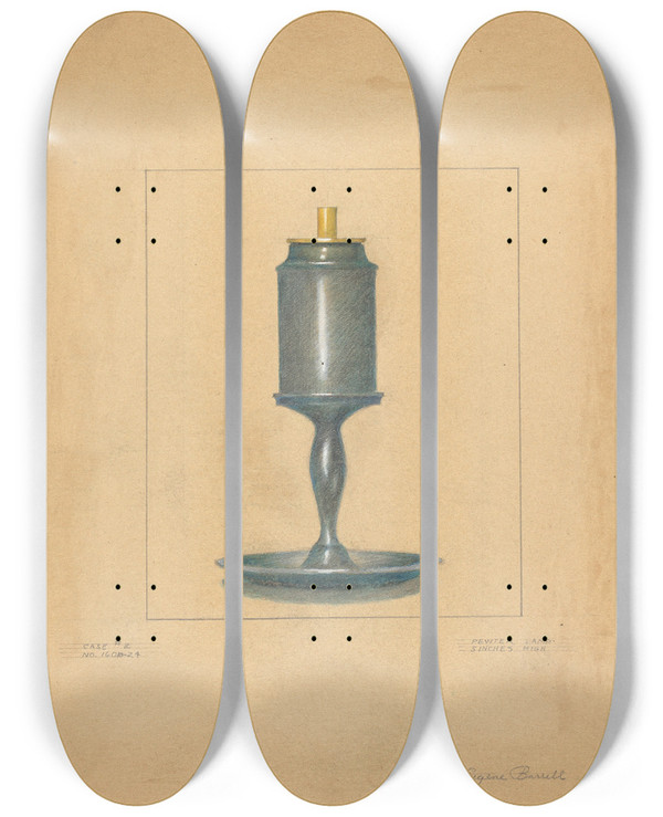 Triptych art skateboard deck of Eugene Barrell Pewter Lamp by Eugene Barrell