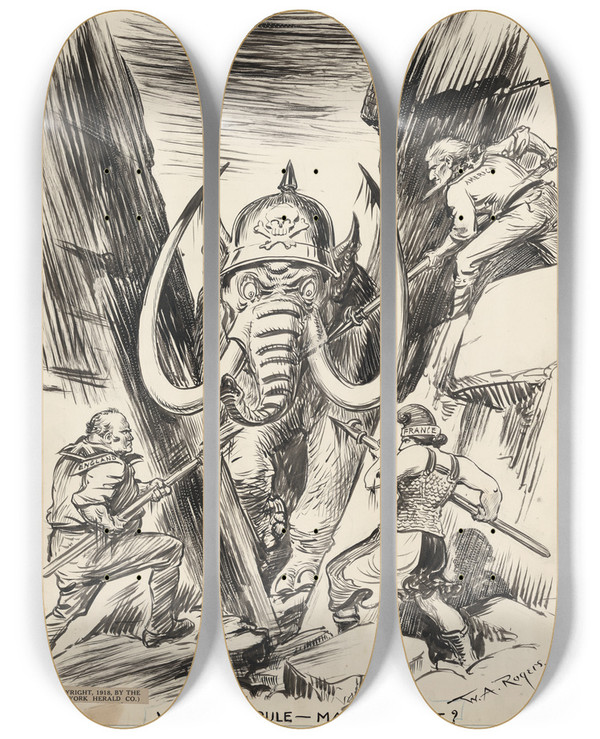 Triptych art skateboard deck of William Allen Rogers Who Shall Ruleman Or Beast by William Allen Rogers (1854-1931)