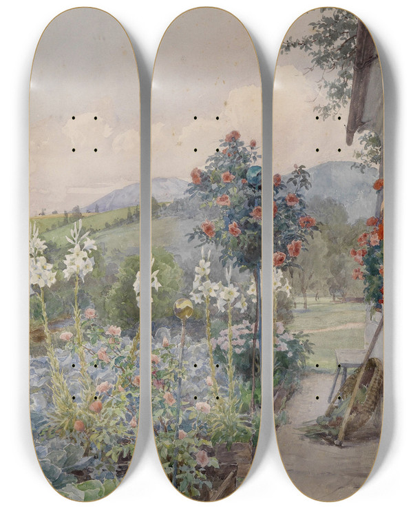 Triptych art skateboard deck of Hans Gtzinger Bauerngarten by Hans Gotzinger (1867-1941)