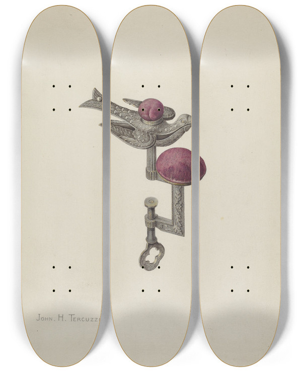 Triptych art skateboard deck of John H Tercuzzi Sewing Bird by John H Tercuzzi