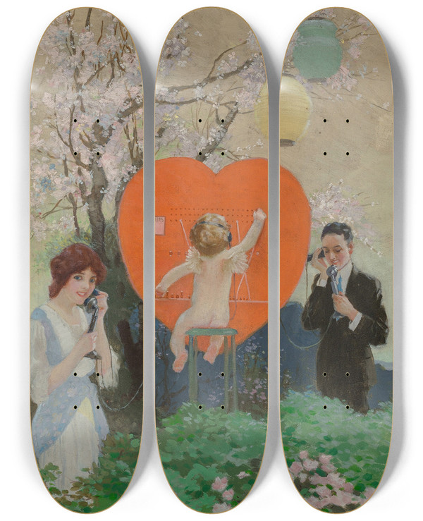 Triptych art skateboard deck of Angus Macdonall The Switchboard Matchmaker by Angus Macdonall (1876-1927)