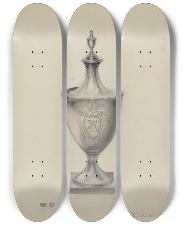 Triptych art skateboard deck of Ej Gilsleider Silver Sugar Urn by E.J. Gilsleider