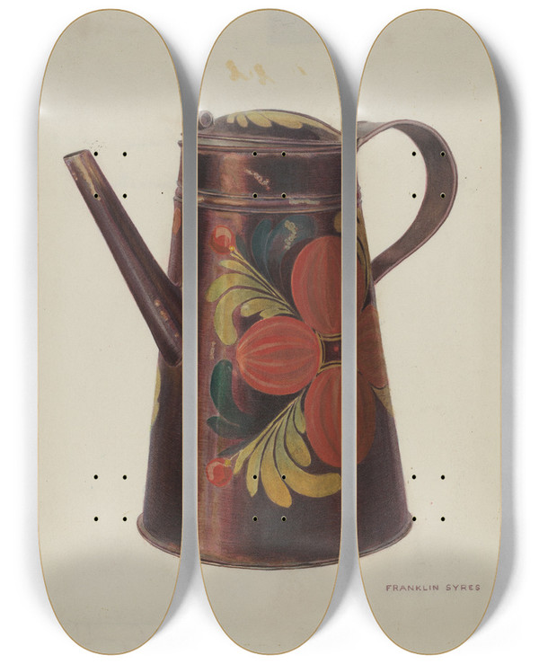 Triptych art skateboard deck of Franklyn Syres Toleware Tin Teapot_1 by Franklyn Syres