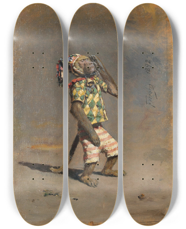 Triptych art skateboard deck of Arthur Von Ferraris A Clever Monkey by Arthur Von Ferraris (1856-1936)