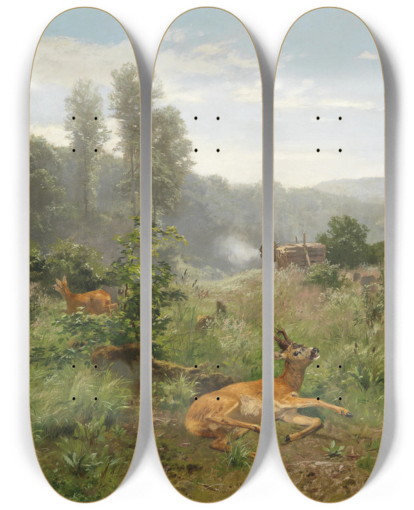 Triptych art skateboard deck of Josef Schmitzberger Rotwildjagd by Josef Schmitzberger (1851-1930)