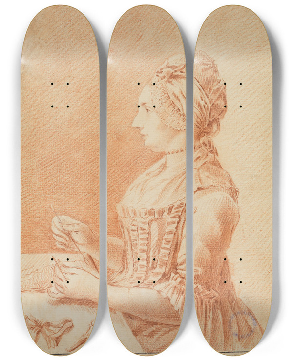 Triptych art skateboard deck of Josef Melling Dame Mit Der Handarbeit by Josef Melling