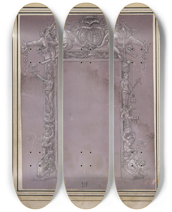 Triptych art skateboard deck of Monogrammist Ht Design For A Doorway by Monogrammist Ht