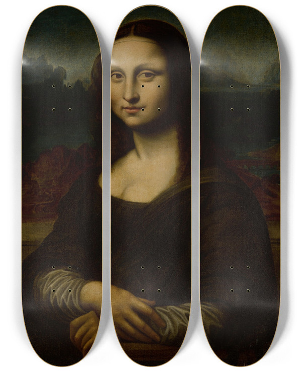 Triptych art skateboard deck of Follower Of Leonardo Da Vinci Mona Lisa by Follower of Leonardo da Vinci (1452-1519)