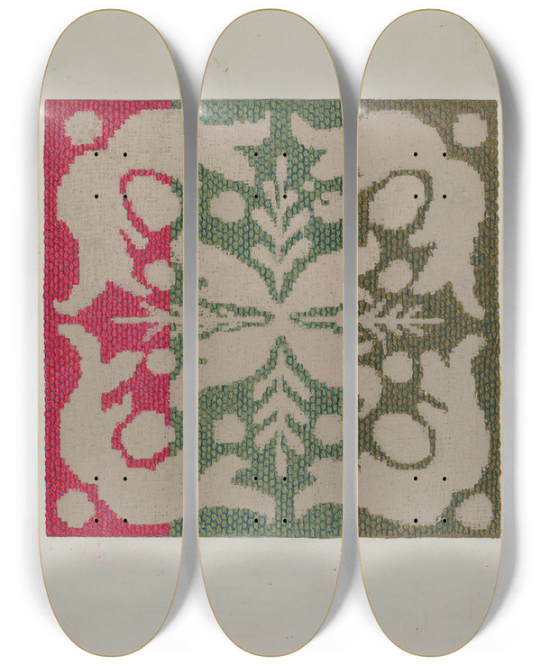 Triptych art skateboard deck of Ruth M Barnes Coverlet Wool by Ruth M Barnes