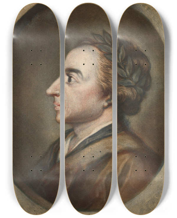 Triptych art skateboard deck of Jacques Christophe Le Blon Alexander Pope Poet 1744 by Jacob Christoph Le Blon