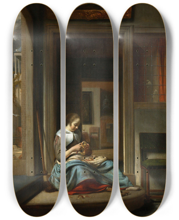 Triptych art skateboard deck of Cornelis Bisschop Woman Peeling An Apple by Cornelis Bisschop (1630-1674)