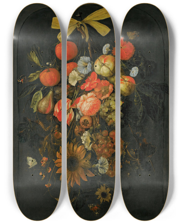 Triptych art skateboard deck of Cornelis De Heem Festoon Of Flowers And Fruit by Cornelis de Heem (1631-1695)
