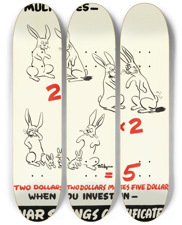 Triptych art skateboard deck of Ricky Rcaf It Multiples War Savings Certificates by Ricky RCAF (20-)
