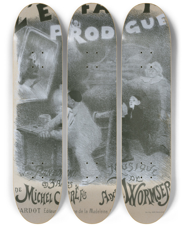 Triptych art skateboard deck of Adolphe Lon Willette Lenfant Prodigue by Adolphe Leon Willette (1857-1926)