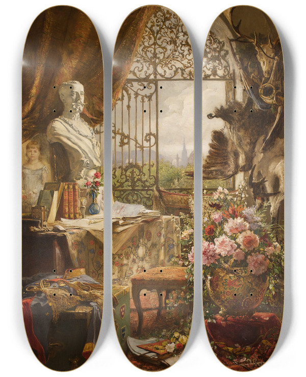 Triptych art skateboard deck of Hugo Charlemont Stillleben Mit Bste Des Kronprinzen Rudolf by Hugo Charlemont (1850-1939)