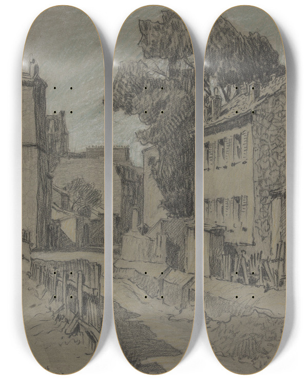 Triptych art skateboard deck of Ferdinand Boberg Rue Saint Vincent Montmartre by Ferdinand Boberg (1860-1946)