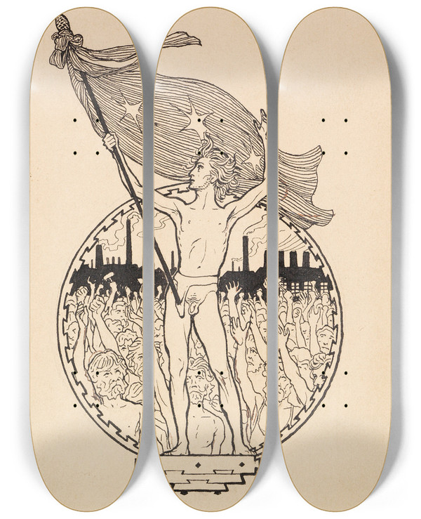 Triptych art skateboard deck of Fidus Entwurfszeichnungen by Fidus (1868-1948)