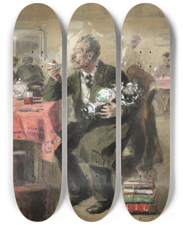 Triptych art skateboard deck of Vladimir Egorovich Makovsky Tea Drinking by Vladimir Egorovich Makovsky (1846-1920)