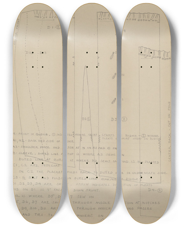 Triptych art skateboard deck of Nancy Crimi Dress Pattern_1 by Nancy Crimi (20-)