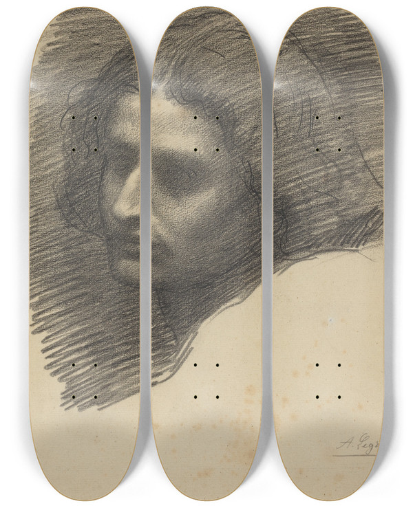 Triptych art skateboard deck of Alphonse Legros Head Of A Man Facing Left Recto by Alphonse Legros (1837-1911)
