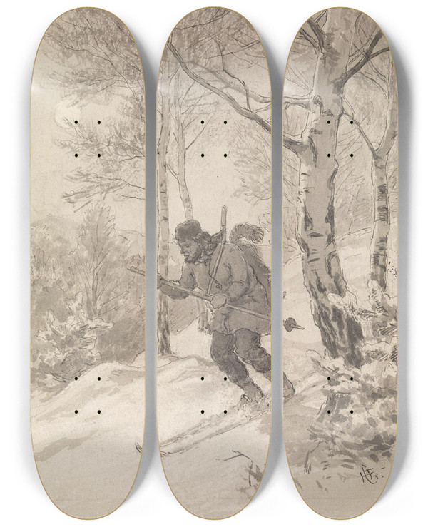 Triptych art skateboard deck of Hans Gude Venturing Downhill by Hans Gude (1825-1903)