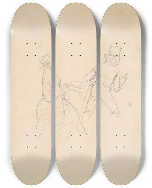 Triptych art skateboard deck of Paul Gavarni Study For Book Illustration Physiologie Dutailleur_2 by Paul Gavarni (1804-1866)
